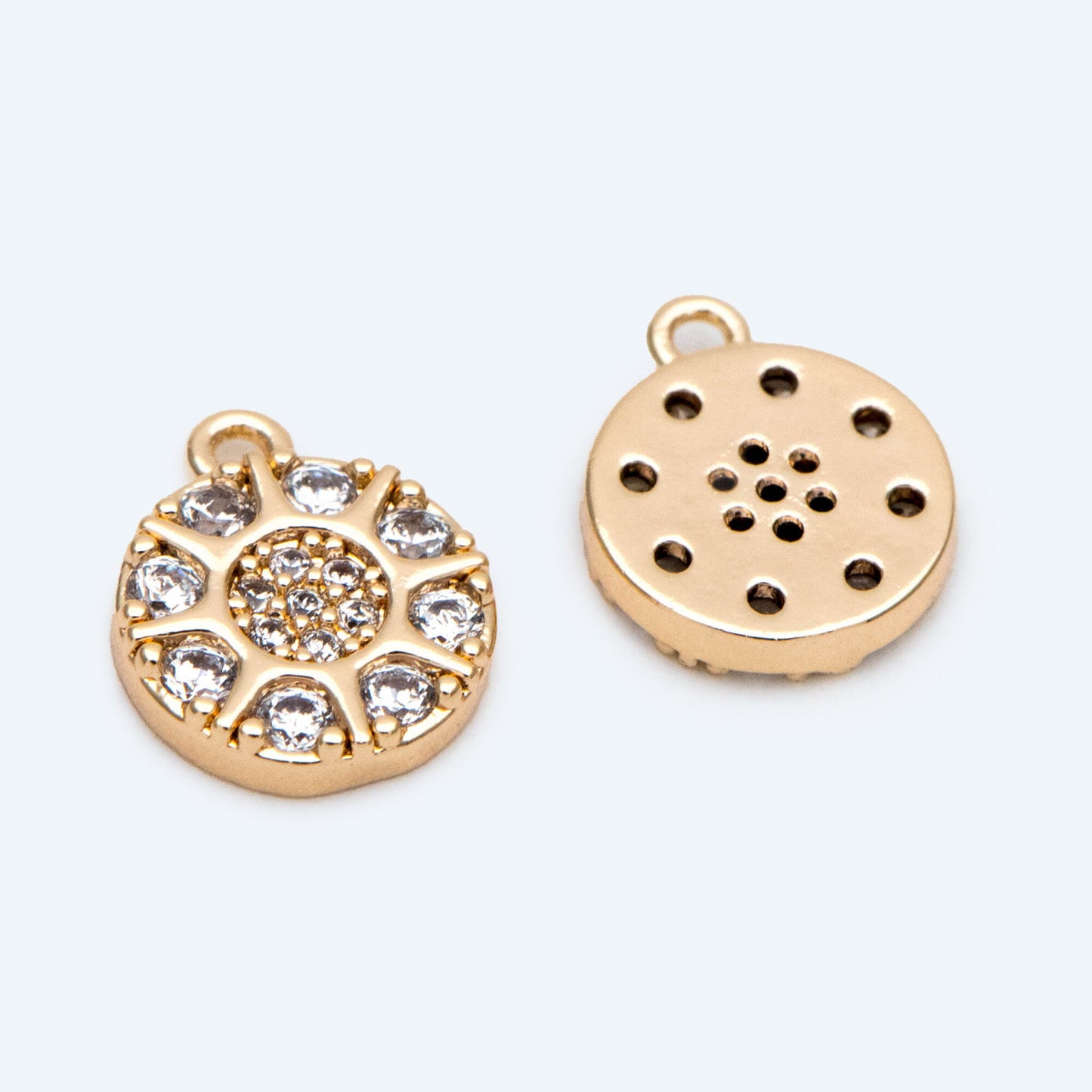 4pcs Gold Round Disk Charms 10x8mm, 18K Gold plated Brass, CZ pave Sun Disc Pendants (GB-3464-A)