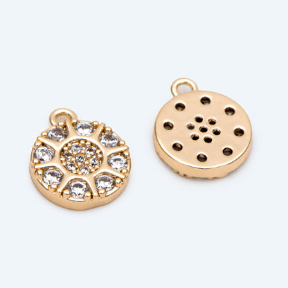 4pcs Gold Round Disk Charms 10x8mm, 18K Gold plated Brass, CZ pave Sun Disc Pendants (GB-3464-A)