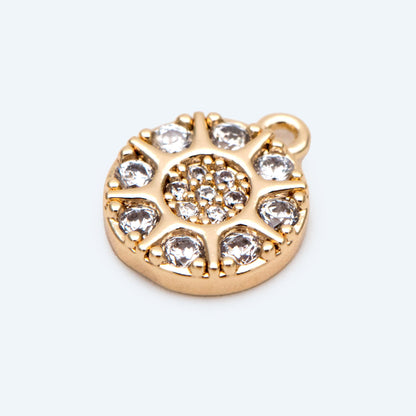 4pcs Gold Round Disk Charms 10x8mm, 18K Gold plated Brass, CZ pave Sun Disc Pendants (GB-3464-A)