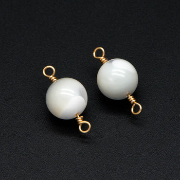 10pcs White Mother of Pearl Connector, Smooth Round Shell Charms, Natural MOP Ball Pendants, Gold Wired Findings Wholesale -(V1384)