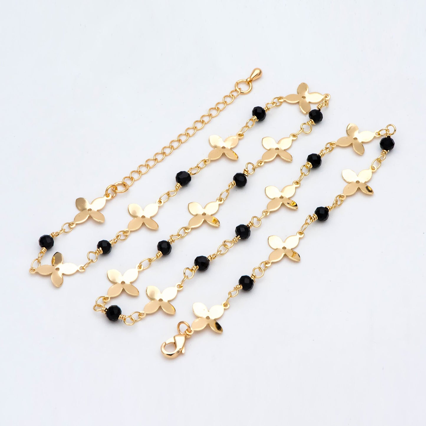 Gold plated Brass Flower with Black Beads Chains, Finished Bracelet/ Anklet/ Necklace with Extender Chain, Ready to Wear (#LK-172)