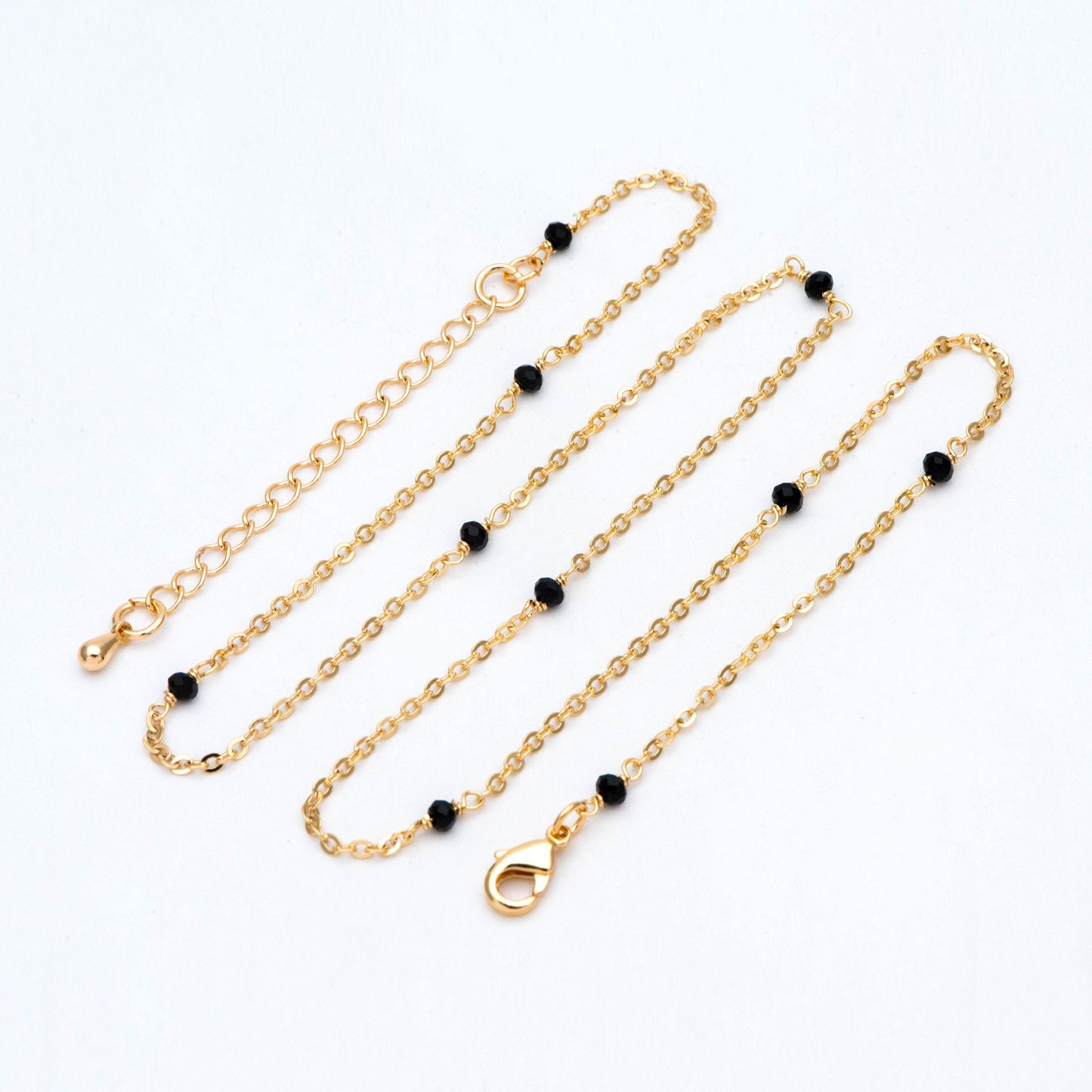 Black/ Grey/ White Crystal Bead Chains, Finished Bracelet/ Anklet/ Necklace with Extender Chain, Gold plated Brass, Ready to Wear (#LK-145)