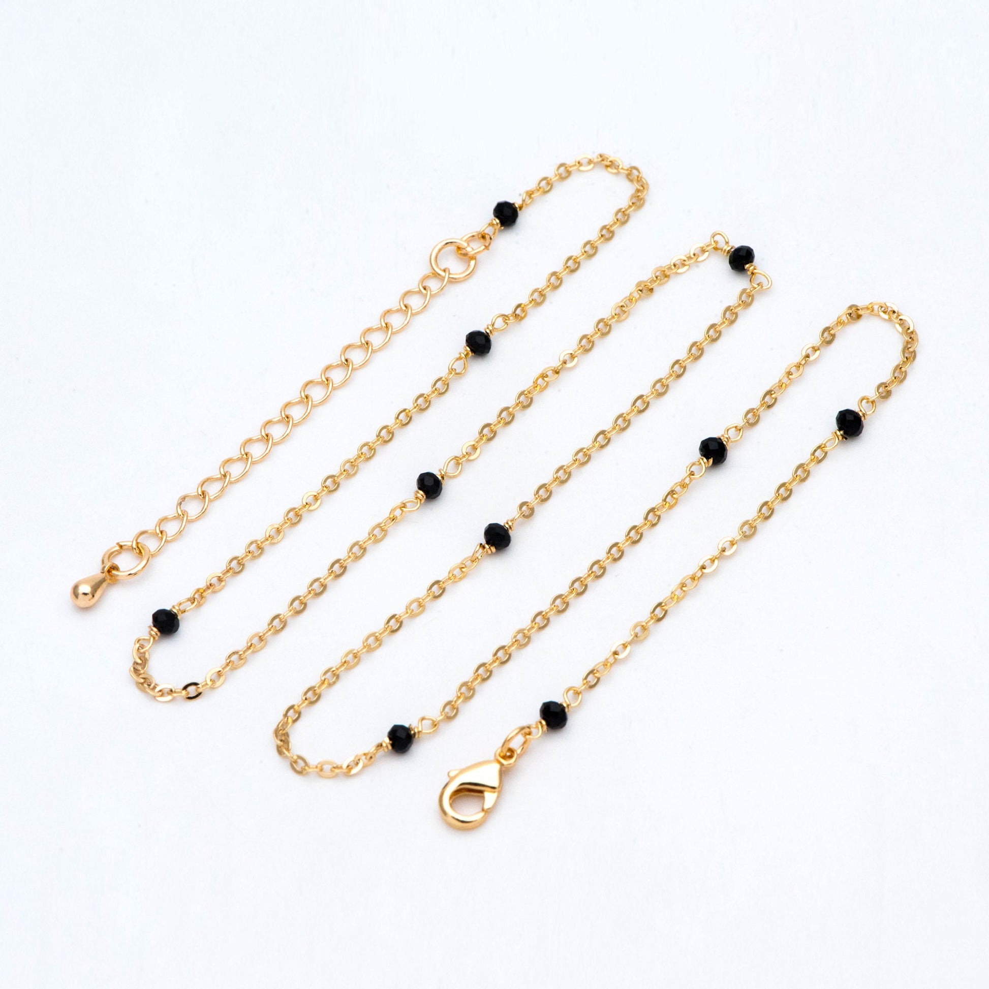 Black/ Grey/ White Crystal Bead Chains, Finished Bracelet/ Anklet/ Necklace with Extender Chain, Gold plated Brass, Ready to Wear (#LK-145)