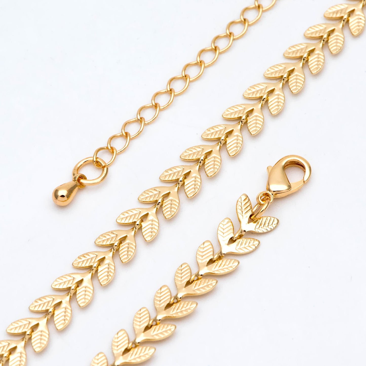 Gold/ Rhodium plated Brass Chevron Leaf Chain 6.3mm, Finished Bracelet/ Anklet/ Necklace with Extender Chain, Ready to Wear (#LK-153-1)