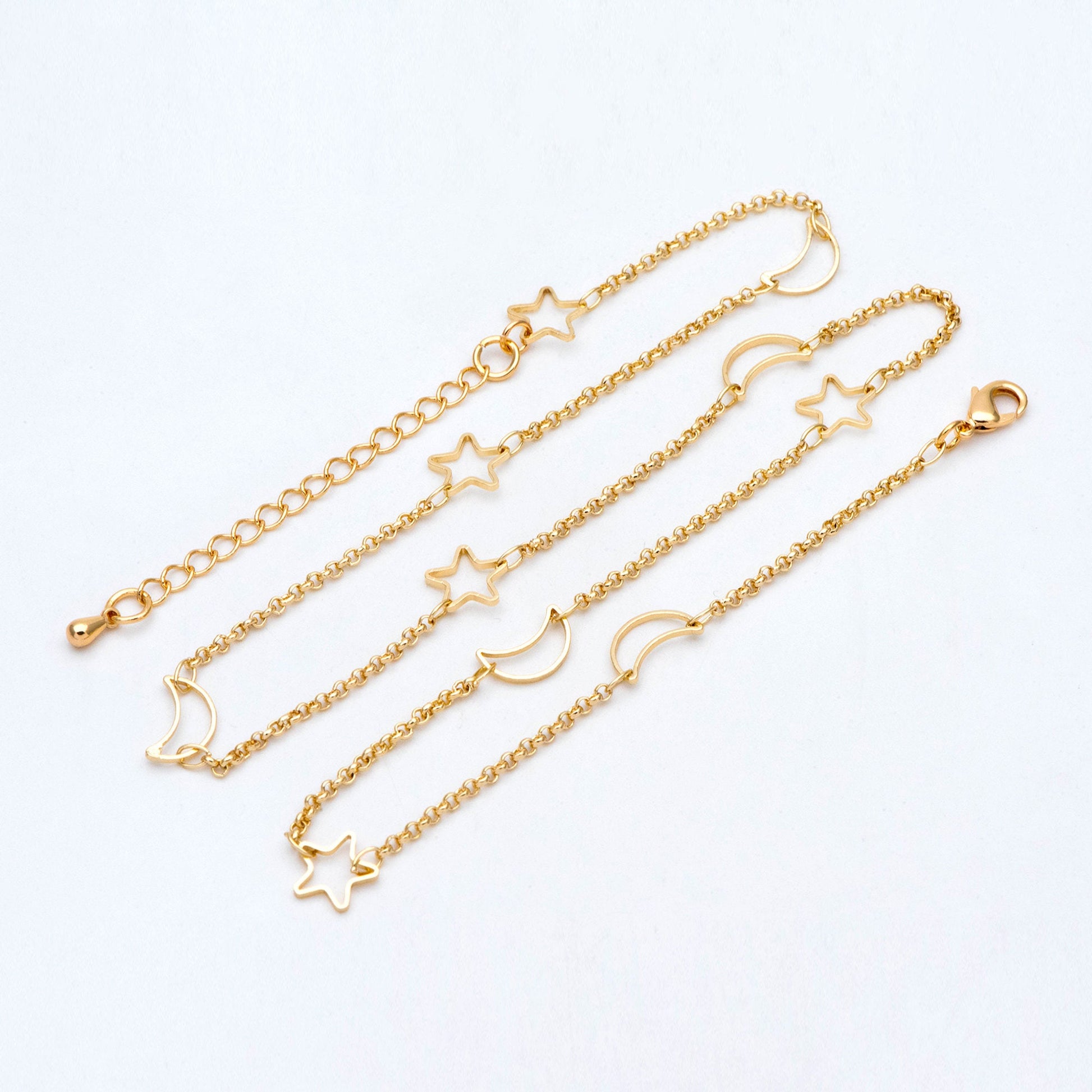 Gold Moon Star Chain, Finished Bracelet/ Anklet/ Necklace, Adjustable with Extender Chain, Ready to Wear (#LK-419)