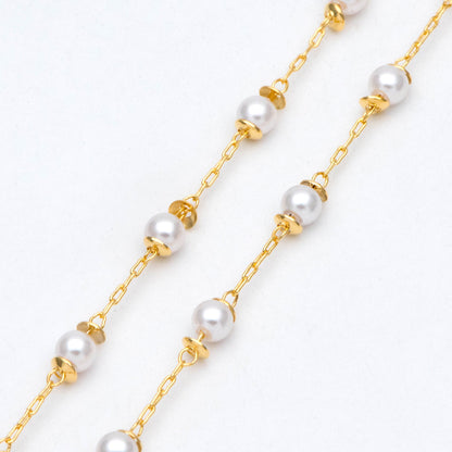 18K Gold Plated Faux Pearl Beaded Chain: 4mm Beads (LK-505)/ 1 Meter