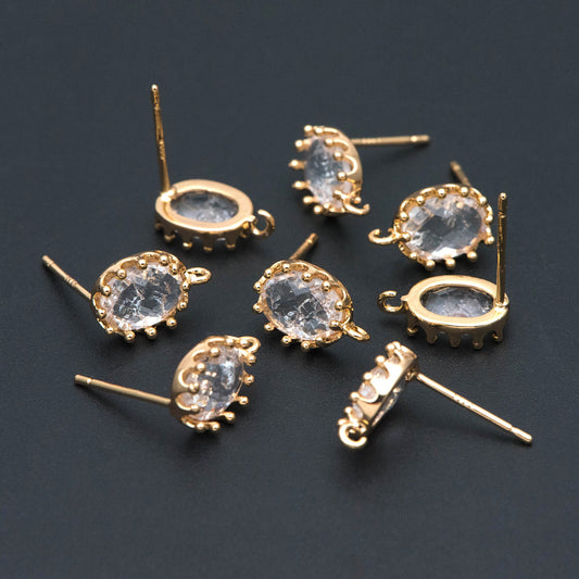 10pcs Crack Stone Ear Posts, Clear Stone Stud Earring with Loops, 18K Gold plated Brass Ear Findings (#GB-1306)