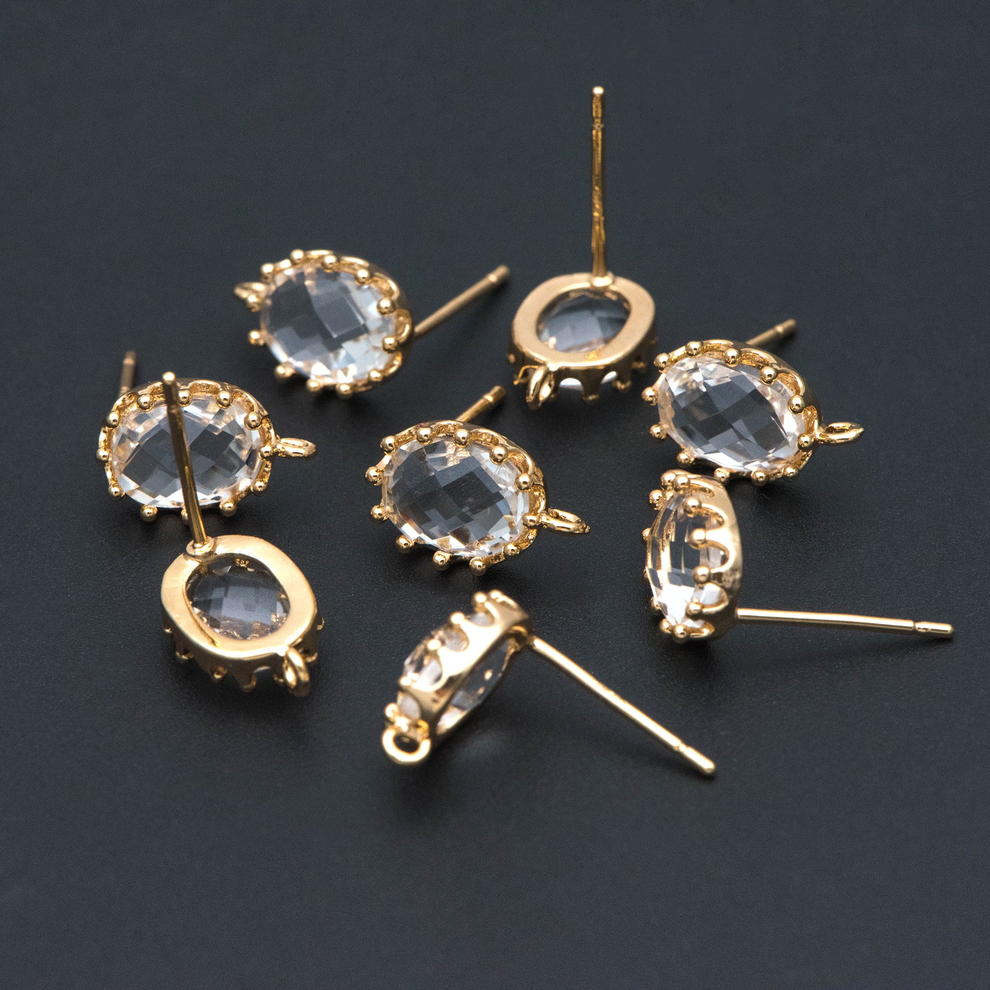 10pcs Crack Stone Ear Posts, Clear Stone Stud Earring with Loops, 18K Gold plated Brass Ear Findings (#GB-1306)