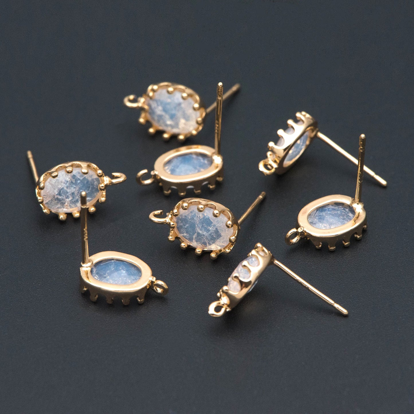 10pcs Crack Stone Ear Posts, Clear Stone Stud Earring with Loops, 18K Gold plated Brass Ear Findings (#GB-1306)