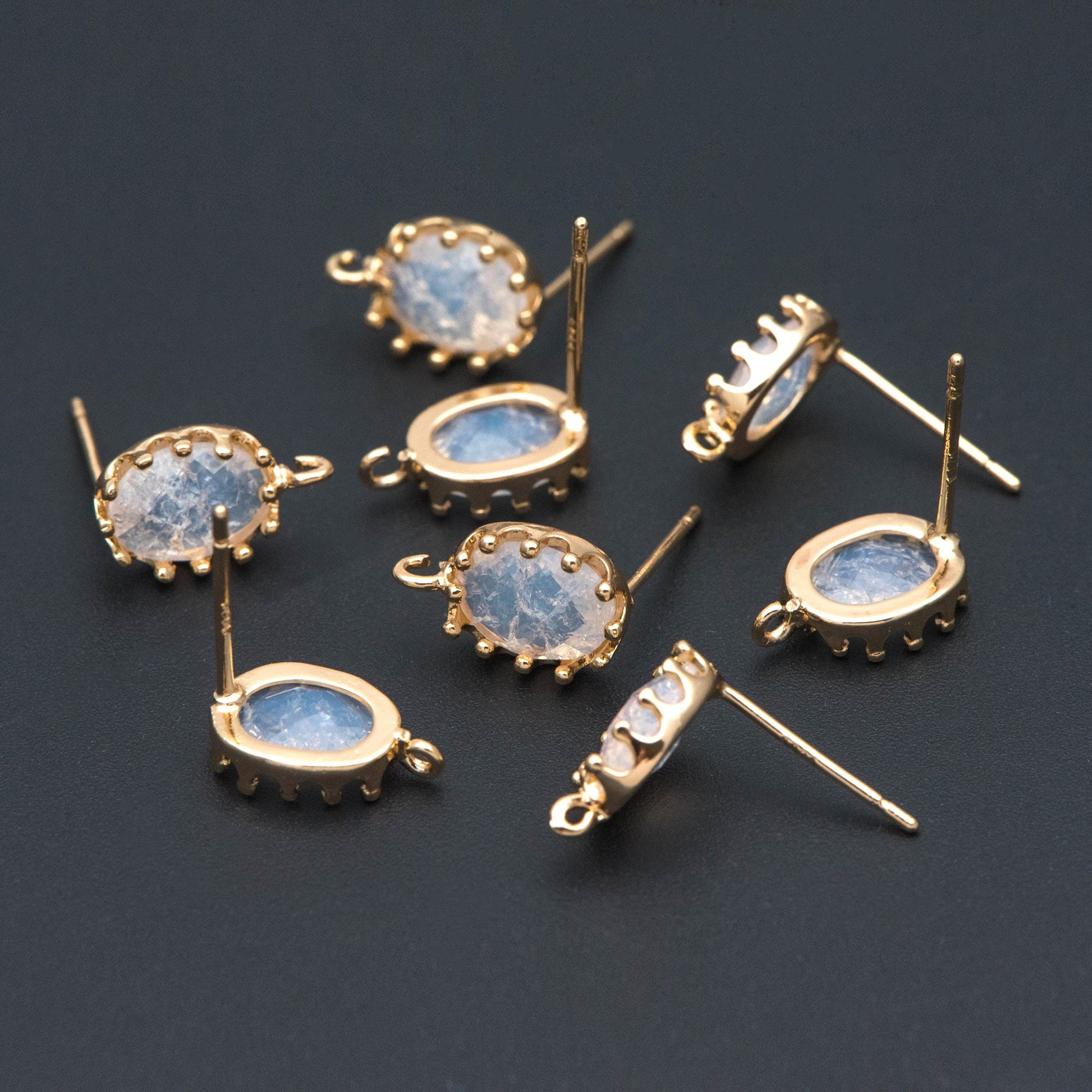 10pcs Crack Stone Ear Posts, Clear Stone Stud Earring with Loops, 18K Gold plated Brass Ear Findings (#GB-1306)