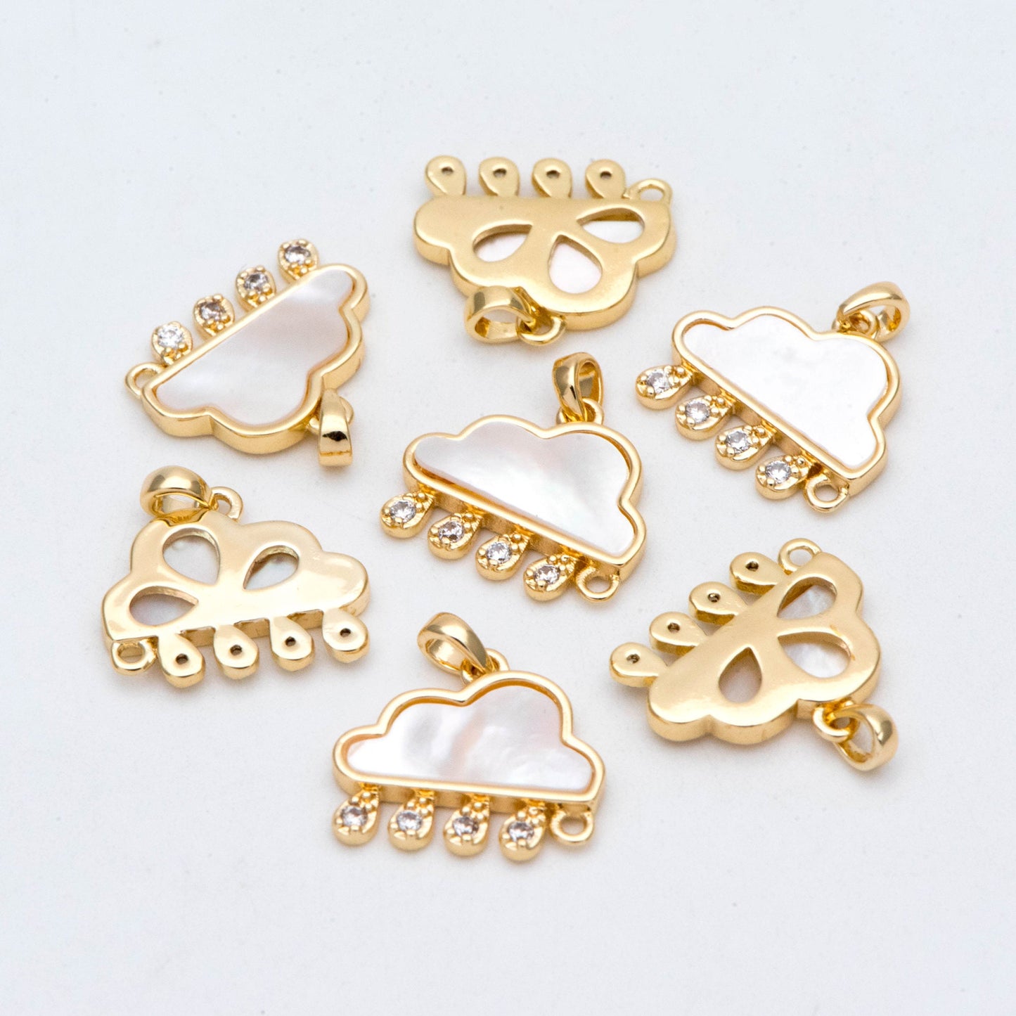 4pcs Shell Pave Rain Cloud Charm, Cloud with Rain Drops Pendant, 18K Gold plated Brass Weather Sky Charms (GB-2878)