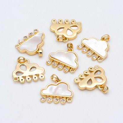 4pcs Shell Pave Rain Cloud Charm, Cloud with Rain Drops Pendant, 18K Gold plated Brass Weather Sky Charms (GB-2878)