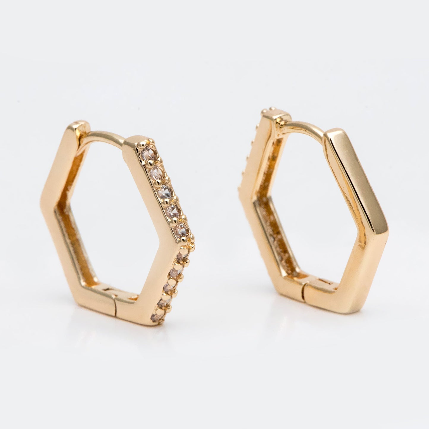 4pcs Gold Hexagon Huggie Earrings, Cubic Zirconia Hoop Earrings, CZ pave Gold Huggies, Geometric Hoop Earrings (GB-2885)