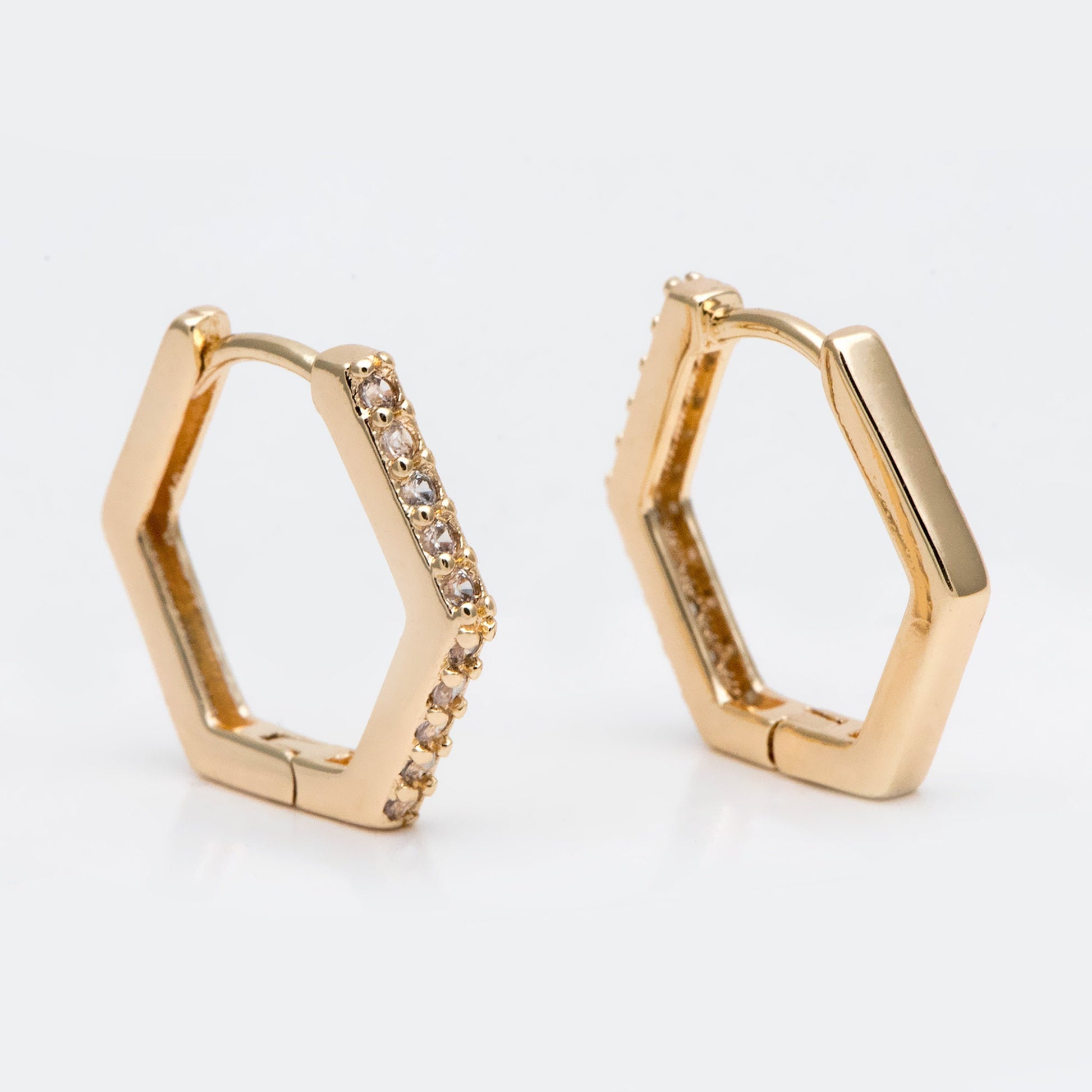 4pcs Gold Hexagon Huggie Earrings, Cubic Zirconia Hoop Earrings, CZ pave Gold Huggies, Geometric Hoop Earrings (GB-2885)