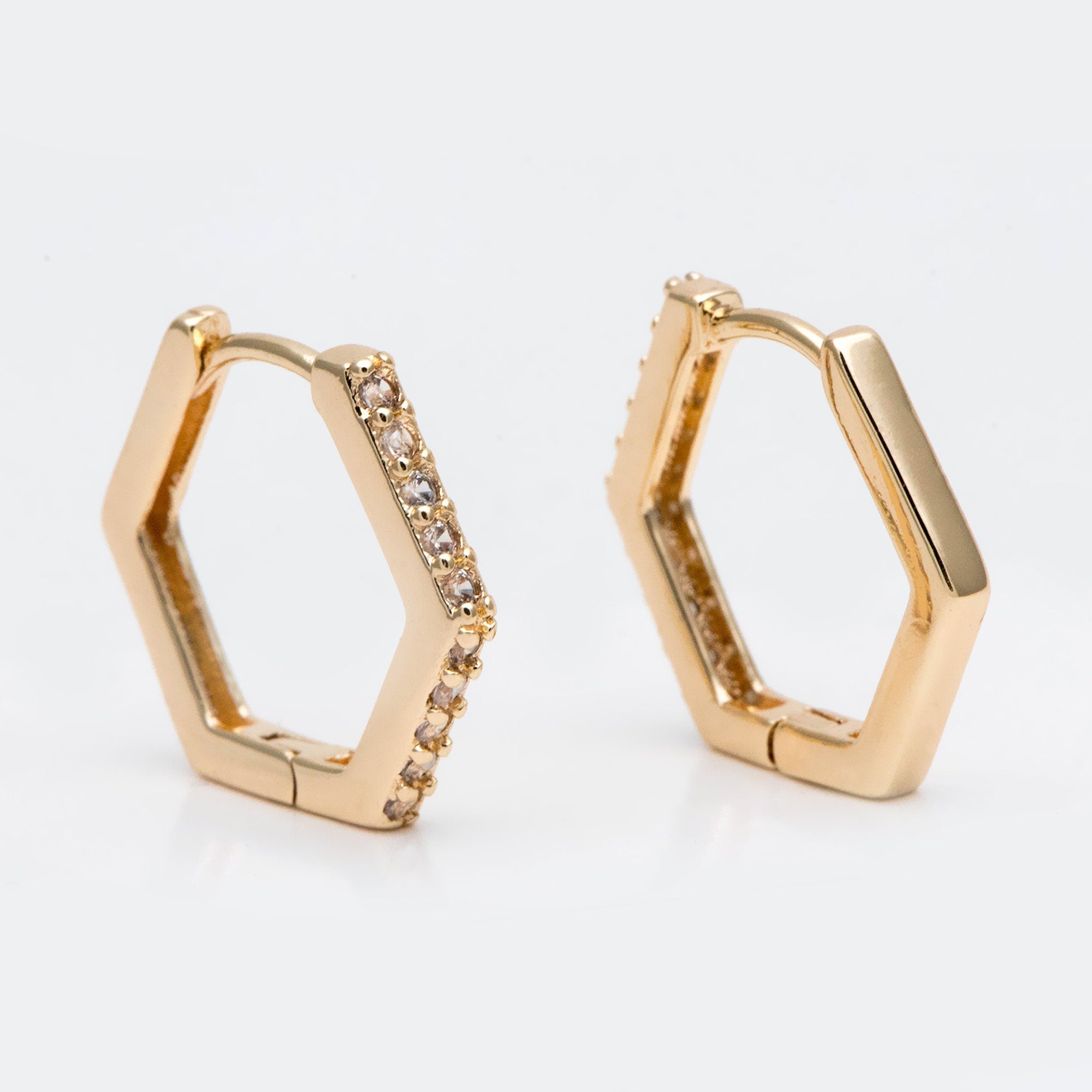 4pcs Gold Hexagon Huggie Earrings, Cubic Zirconia Hoop Earrings, CZ pave Gold Huggies, Geometric Hoop Earrings (GB-2885)