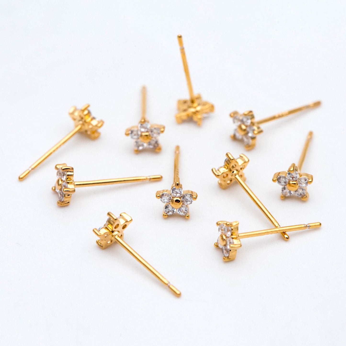 10pcs Gold Flower Stud Earring, Dainty Floral Ear Posts 5mm, CZ pave Tiny Earring Studs (GB-3395-A)