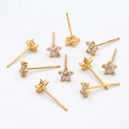 10pcs Gold Flower Stud Earring, Dainty Floral Ear Posts 5mm, CZ pave Tiny Earring Studs (GB-3395-A)