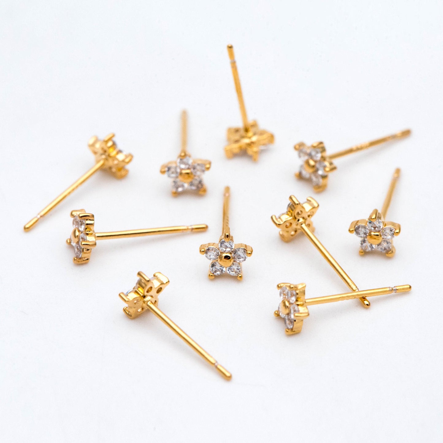 10pcs Gold Flower Stud Earring, Dainty Floral Ear Posts 5mm, CZ pave Tiny Earring Studs (GB-2929)