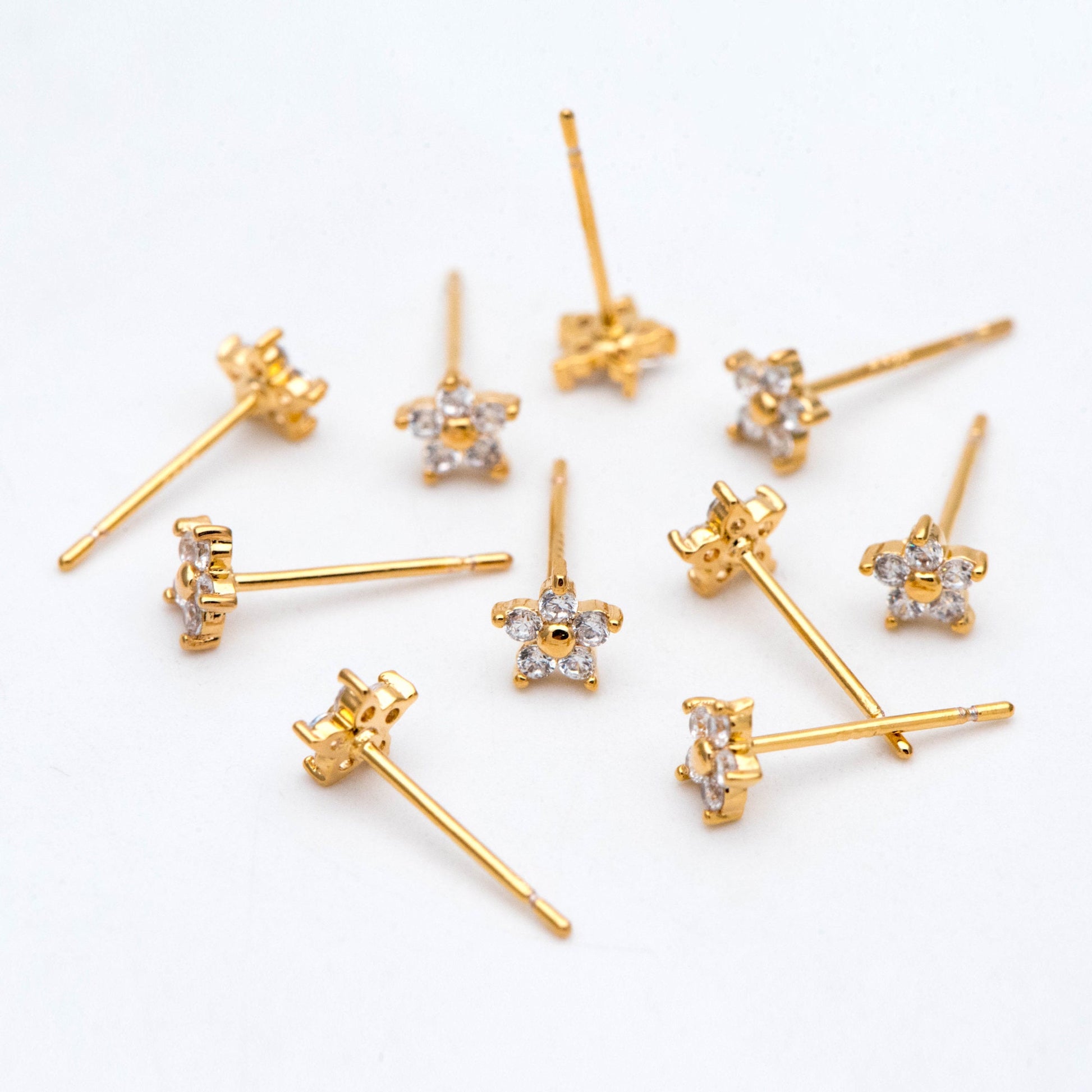 10pcs Gold Flower Stud Earring, Dainty Floral Ear Posts 5mm, CZ pave Tiny Earring Studs (GB-2929)
