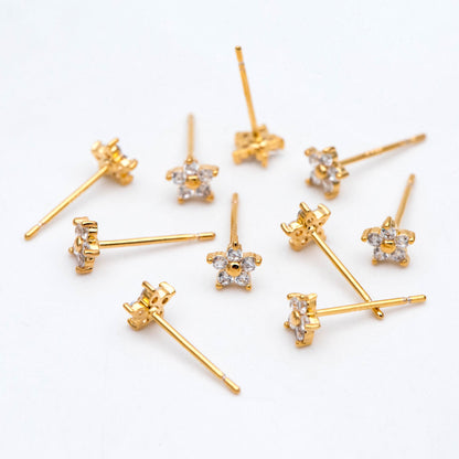 10pcs Gold Flower Stud Earring, Dainty Floral Ear Posts 5mm, CZ pave Tiny Earring Studs (GB-2929)