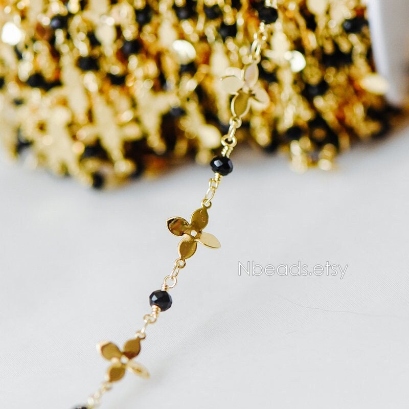 Crystal Glass Bead Chain with 11mm Flower, Gold plated Brass Designer Chain, Color Not Easily Tarnish (#LK-172)/ 1 Meter=3.3ft