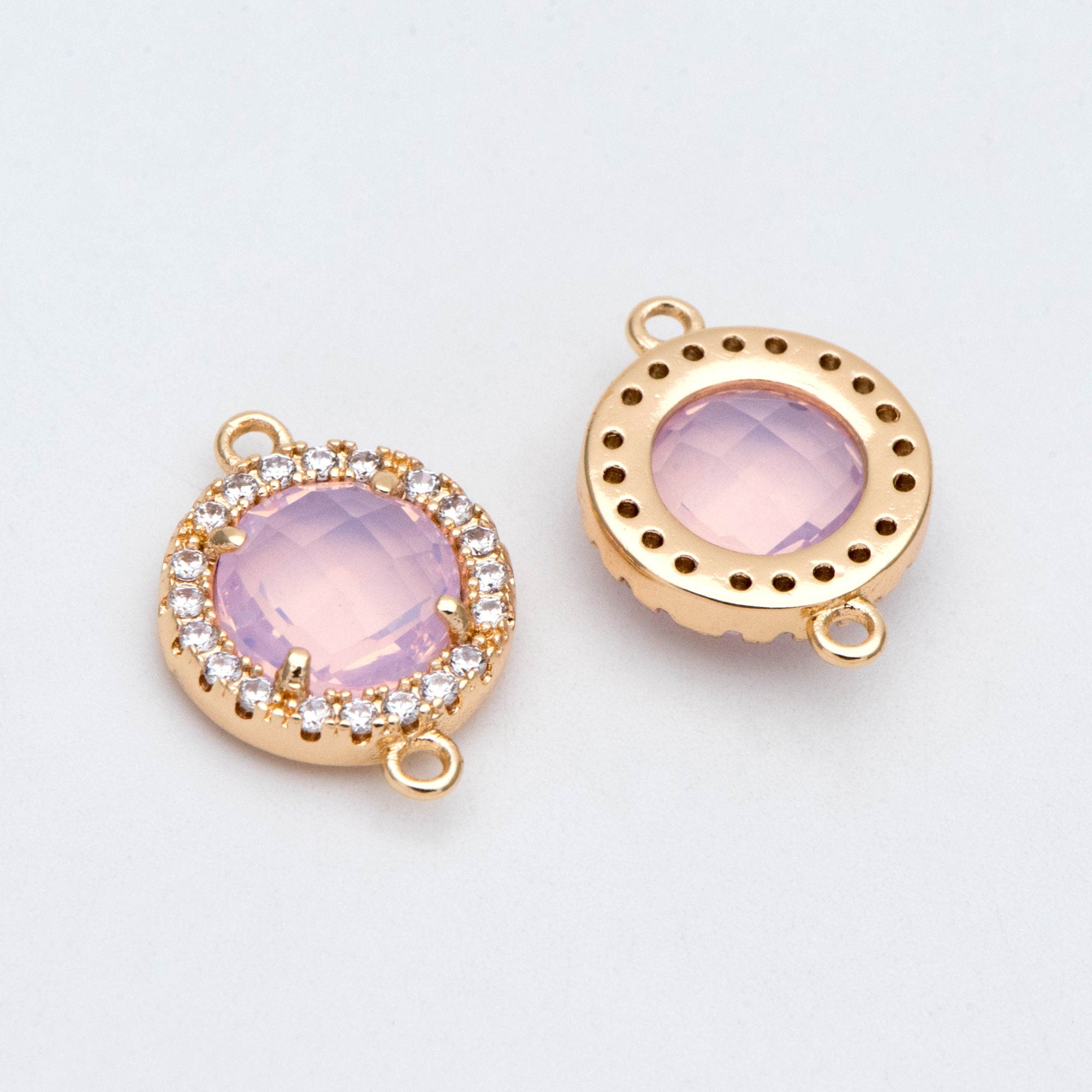 4pcs CZ Pave Gold Framed Glass Connector 16x12mm, Circle Bezel Charm Pendants (GB-2881)