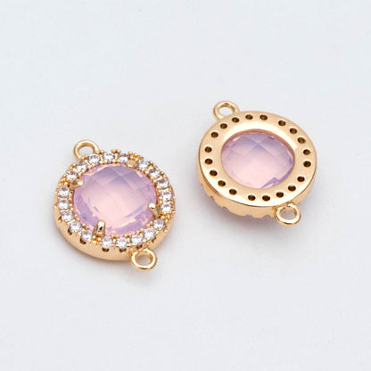4pcs CZ Pave Gold Framed Glass Connector 16x12mm, Circle Bezel Charm Pendants (GB-2881)