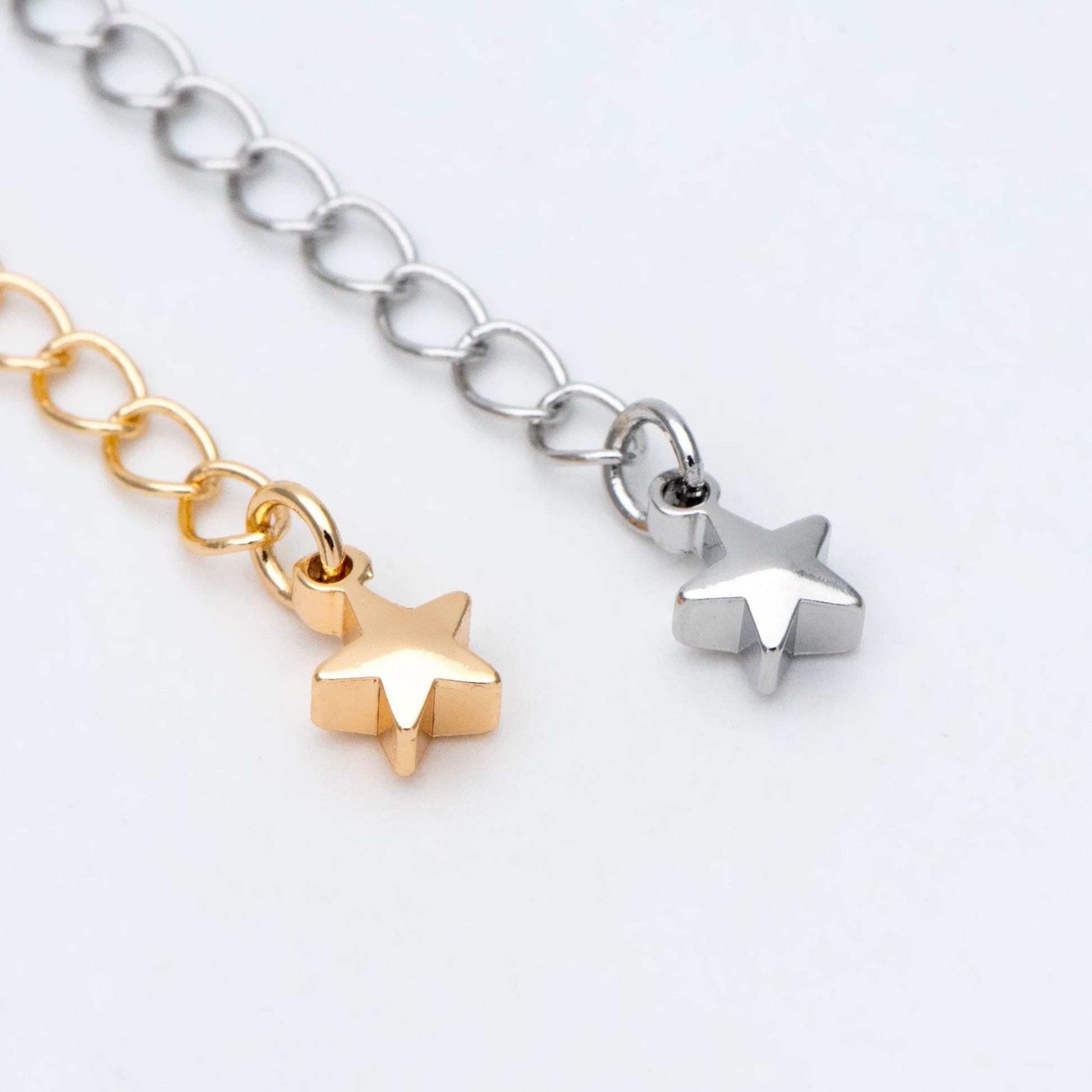 10pcs Lobster Claw Clasps with Star Extender Chain 70mm, Gold/ Rhodium plated Brass, 3mm Wide Extension Chain (GB-100-C)