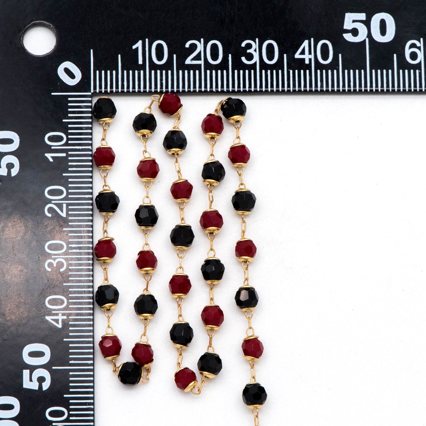 Glass Bead Chain, Red and Black, Raw Brass Chain, Crystal Beaded Chain, Chain Findings Wholesale (#LK-496)/ 1 Meter=3.3 ft