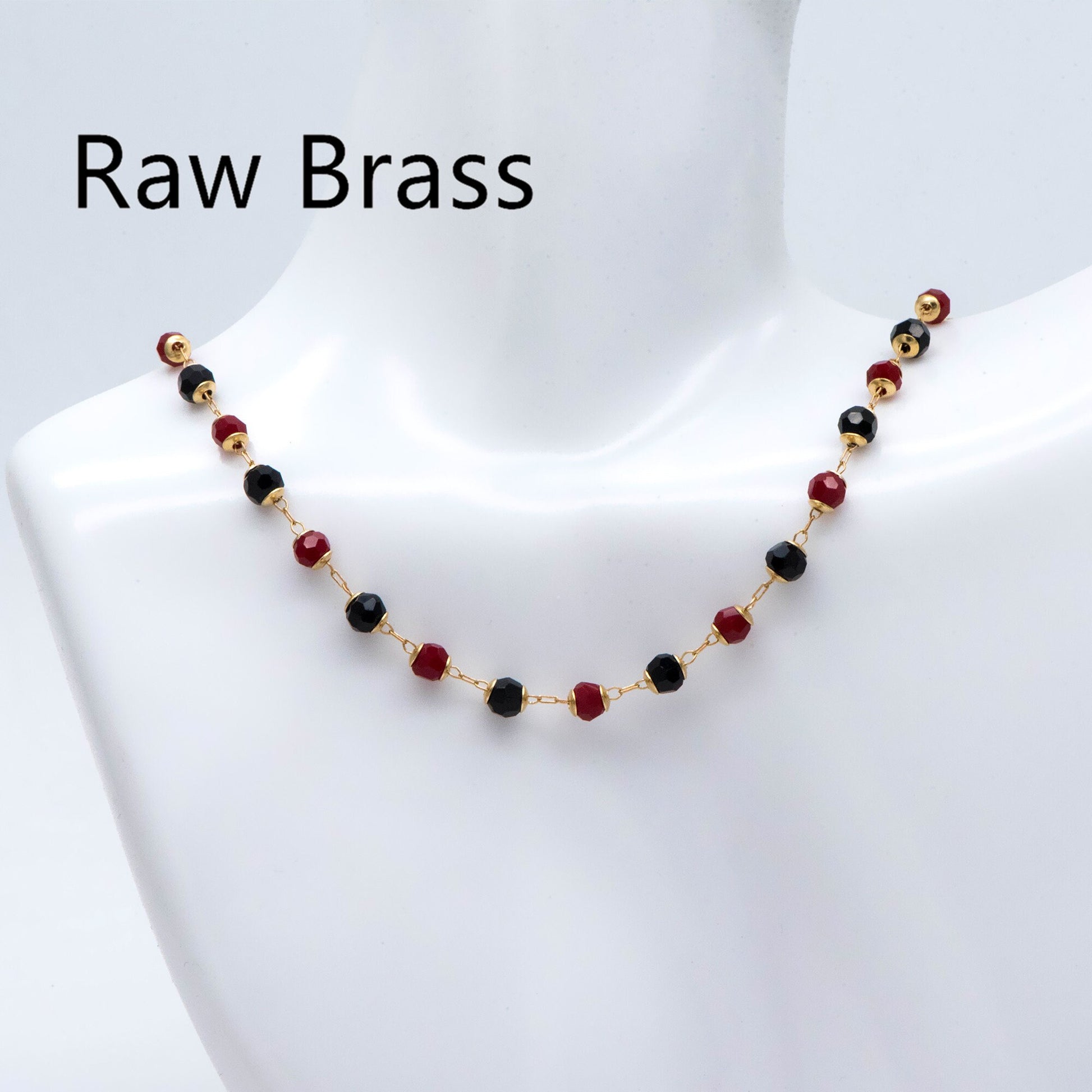 Glass Bead Chain, Red and Black, Raw Brass Chain, Crystal Beaded Chain, Chain Findings Wholesale (#LK-496)/ 1 Meter=3.3 ft