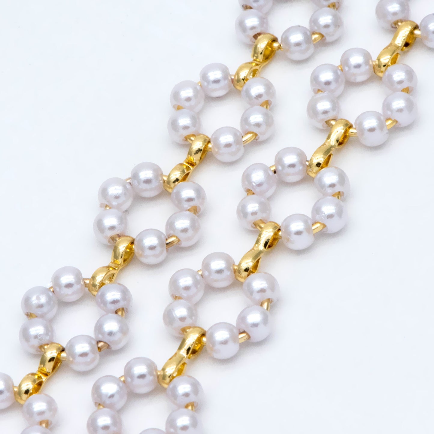 Gold Faux Pearl Hoop Chain, 18K Gold plated Brass Beaded Chain with Faux Pearl (LK-506) / 1 meter= 3.3ft
