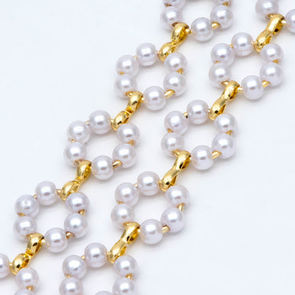 Gold Faux Pearl Hoop Chain, 18K Gold plated Brass Beaded Chain with Faux Pearl (LK-506) / 1 meter= 3.3ft