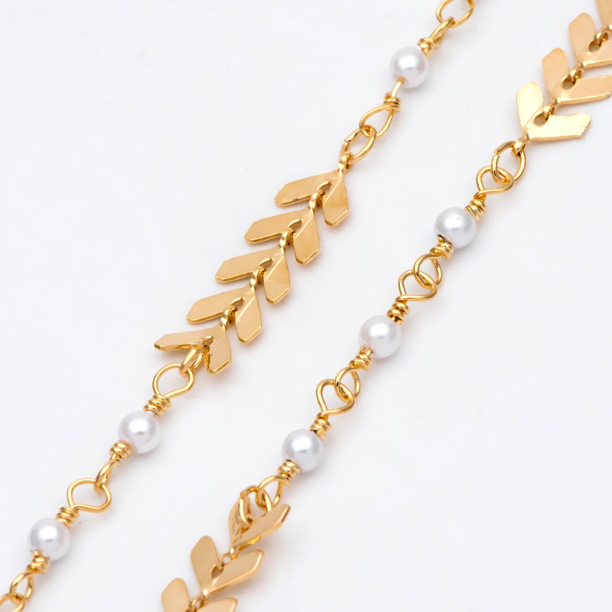 Gold Chevron Chain With Faux Pearl Connector, 18K Gold plated Brass Designer Chain (LK-507) / 1 meter= 3.3ft
