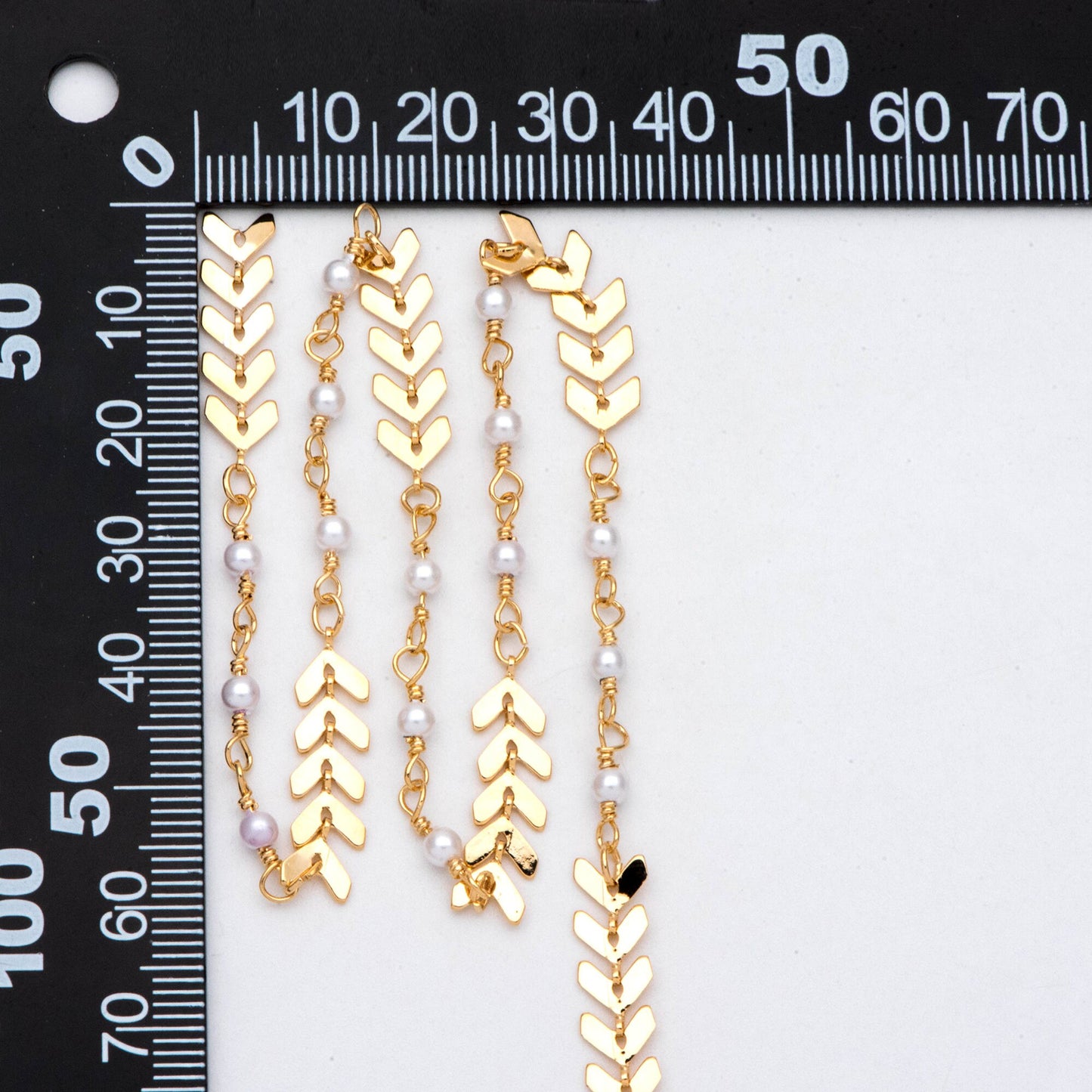 Gold Chevron Chain With Faux Pearl Connector, 18K Gold plated Brass Designer Chain (LK-507) / 1 meter= 3.3ft
