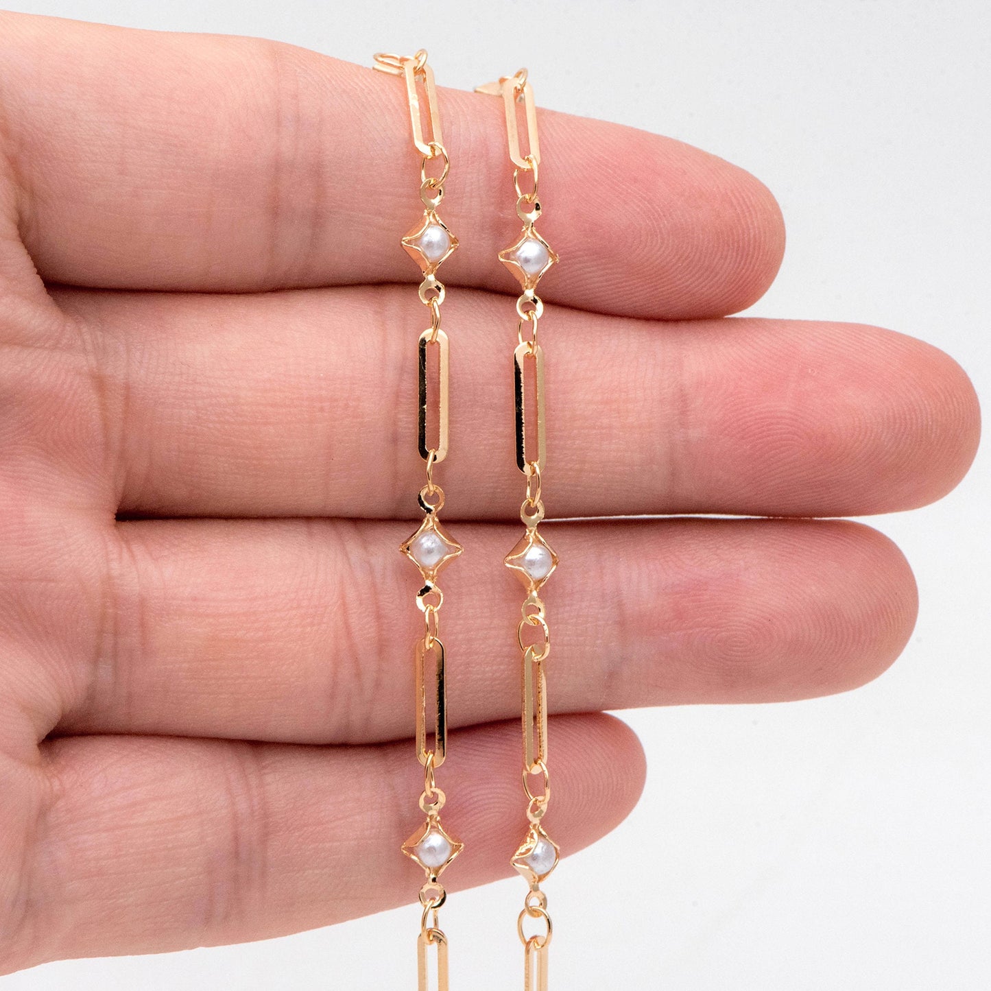 Gold Faux Pearl Beaded Chain, 18K Gold plated Brass Cable Chain with Rhombus Bezel Faux Pearl (LK-510) / 1 meter= 3.3ft