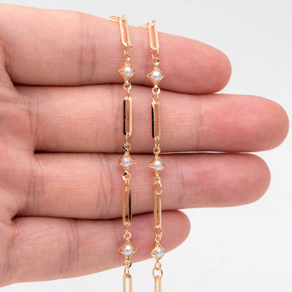 Gold Faux Pearl Beaded Chain, 18K Gold plated Brass Cable Chain with Rhombus Bezel Faux Pearl (LK-510) / 1 meter= 3.3ft
