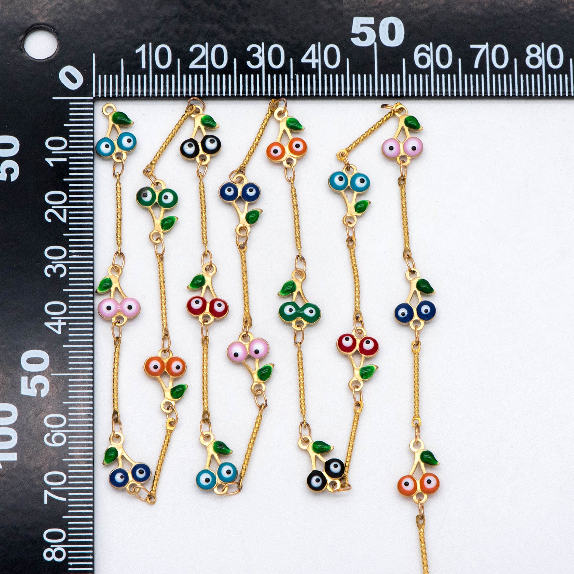 Multicolor Cherry Evil Eye Chain, Brass in Enamel, Unplated Raw Brass Designer Chain (#LK-512)/ 1 Meter=3.3ft