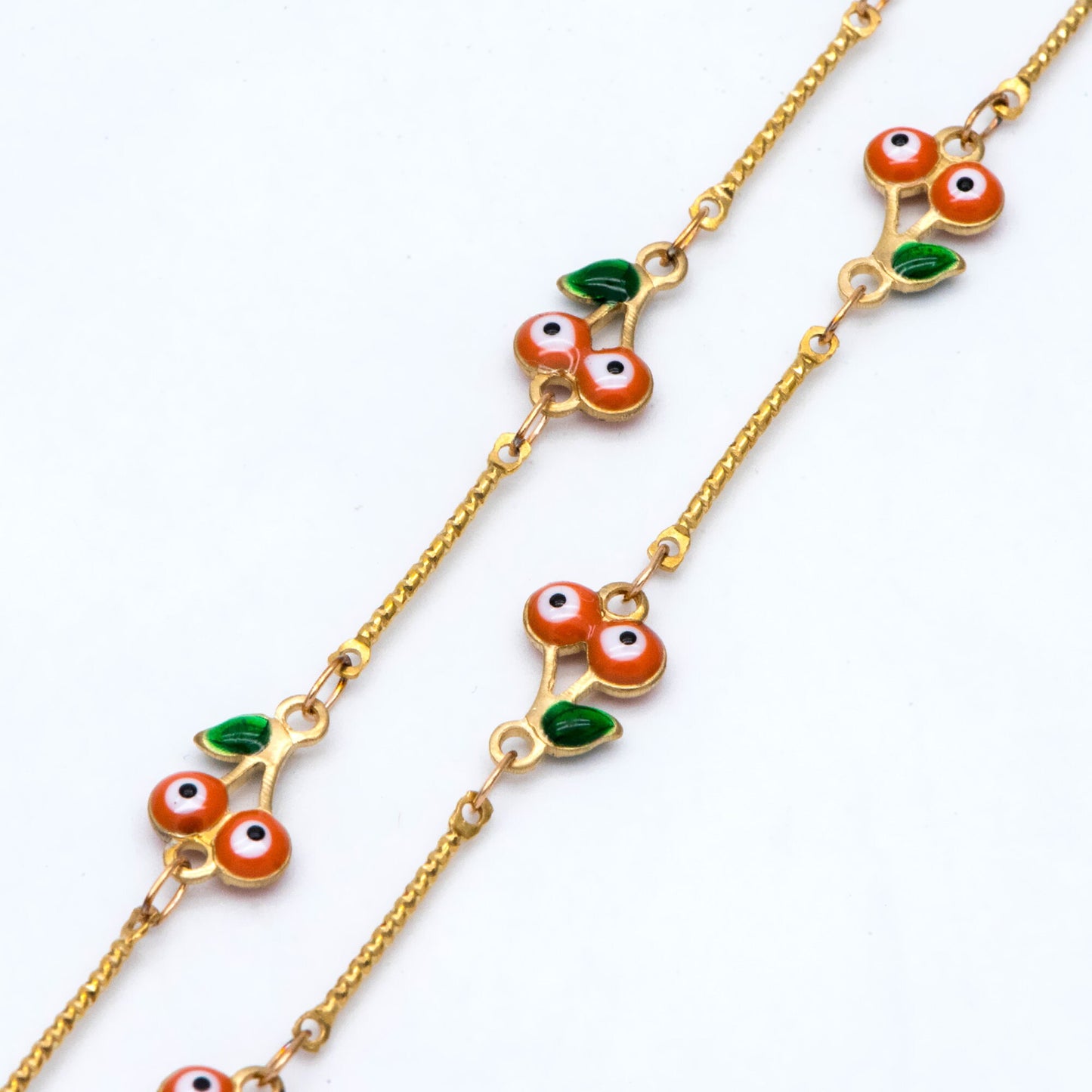 Multicolor Cherry Evil Eye Chain, Brass in Enamel, Unplated Raw Brass Designer Chain (#LK-512)/ 1 Meter=3.3ft
