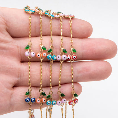 Multicolor Cherry Evil Eye Chain, Brass in Enamel, Unplated Raw Brass Designer Chain (#LK-512)/ 1 Meter=3.3ft