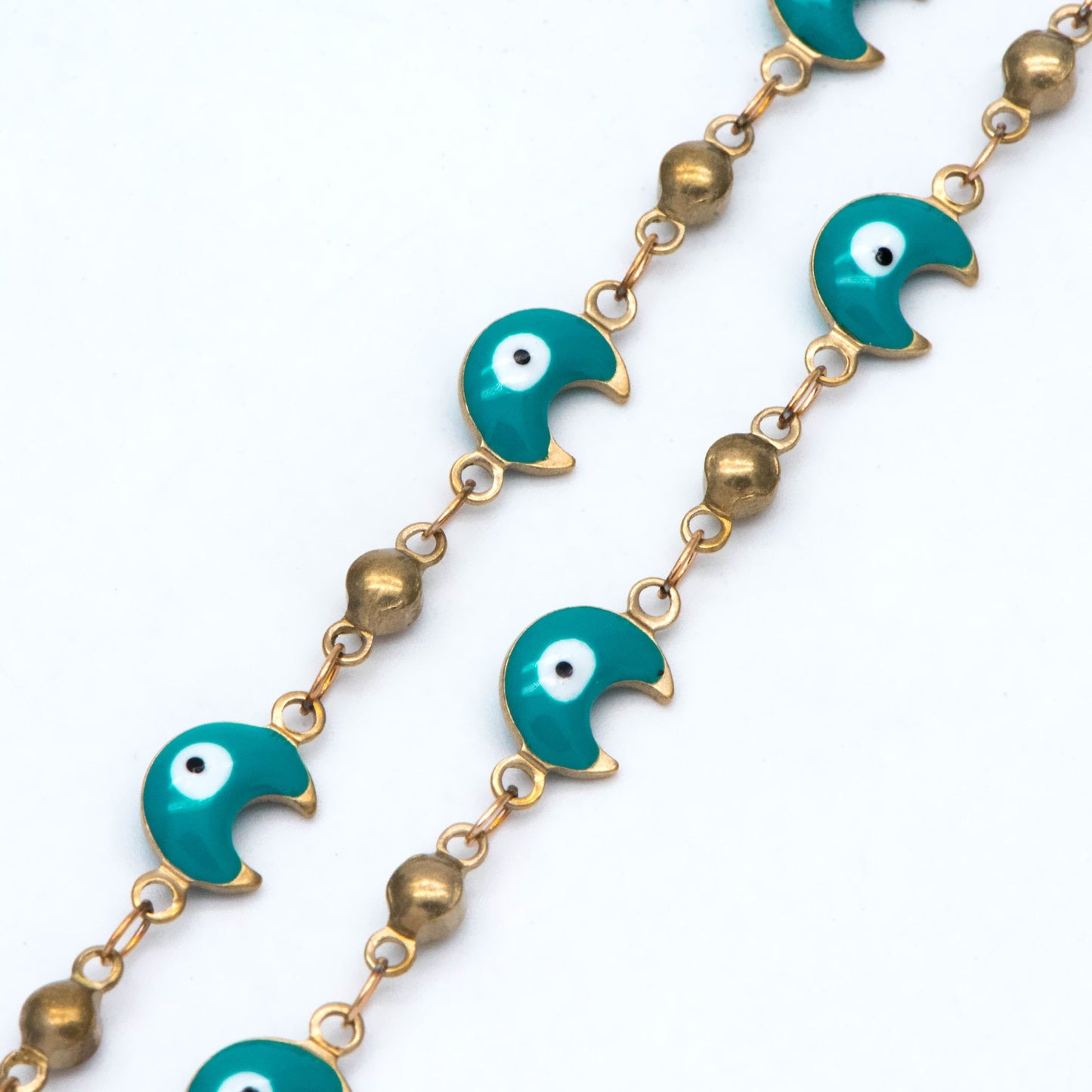 Moon Evil Eye Chain, Brass in Enamel, Beaded Chain, Unplated Raw Brass Designer Chain (#LK-514)/ 1 Meter=3.3 ft