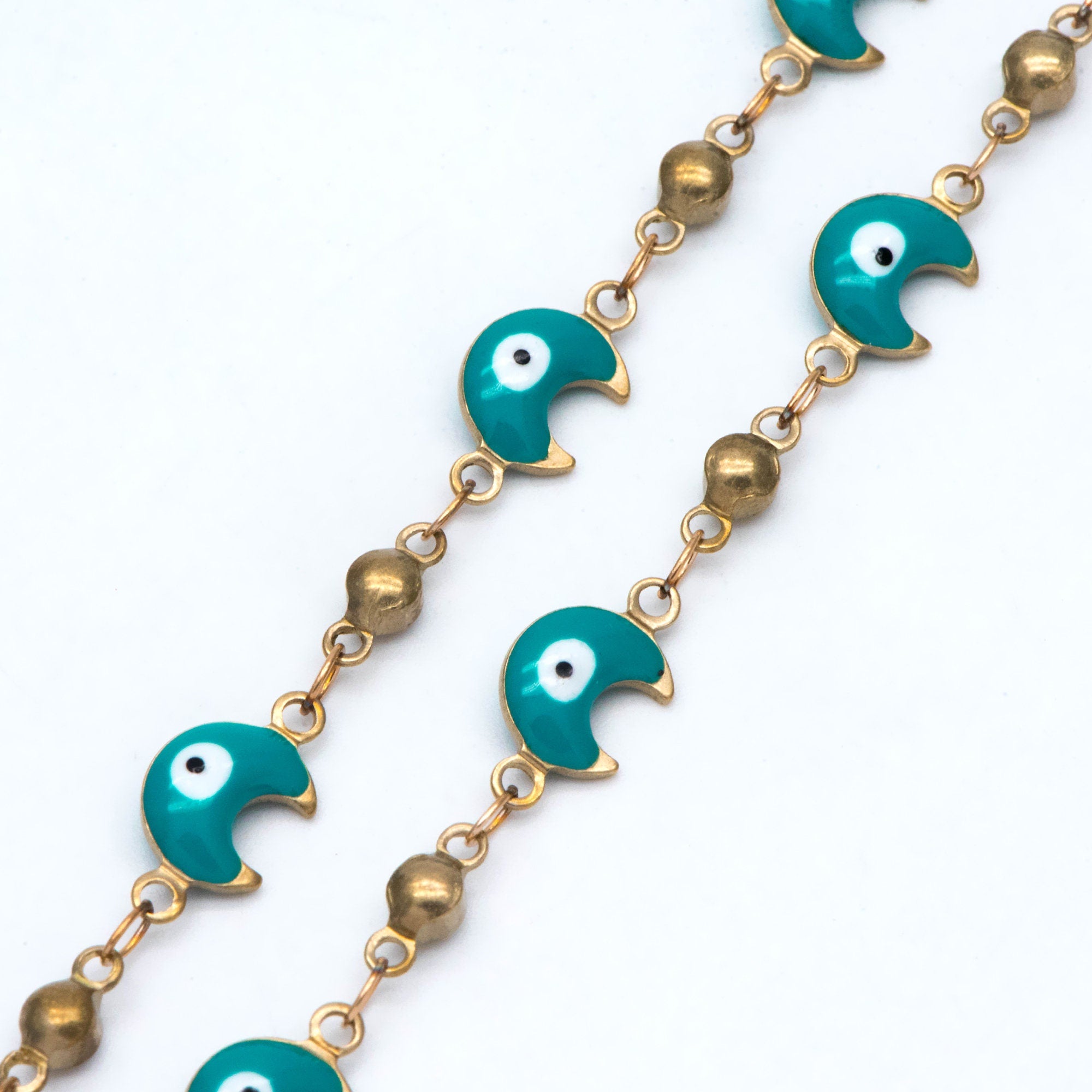 Moon Evil Eye Chain, Brass in Enamel, Beaded Chain, Unplated Raw Brass Designer Chain (#LK-514)/ 1 Meter=3.3 ft