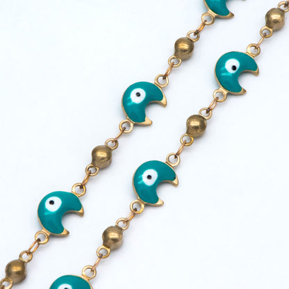 Moon Evil Eye Chain, Brass in Enamel, Beaded Chain, Unplated Raw Brass Designer Chain (#LK-514)/ 1 Meter=3.3 ft