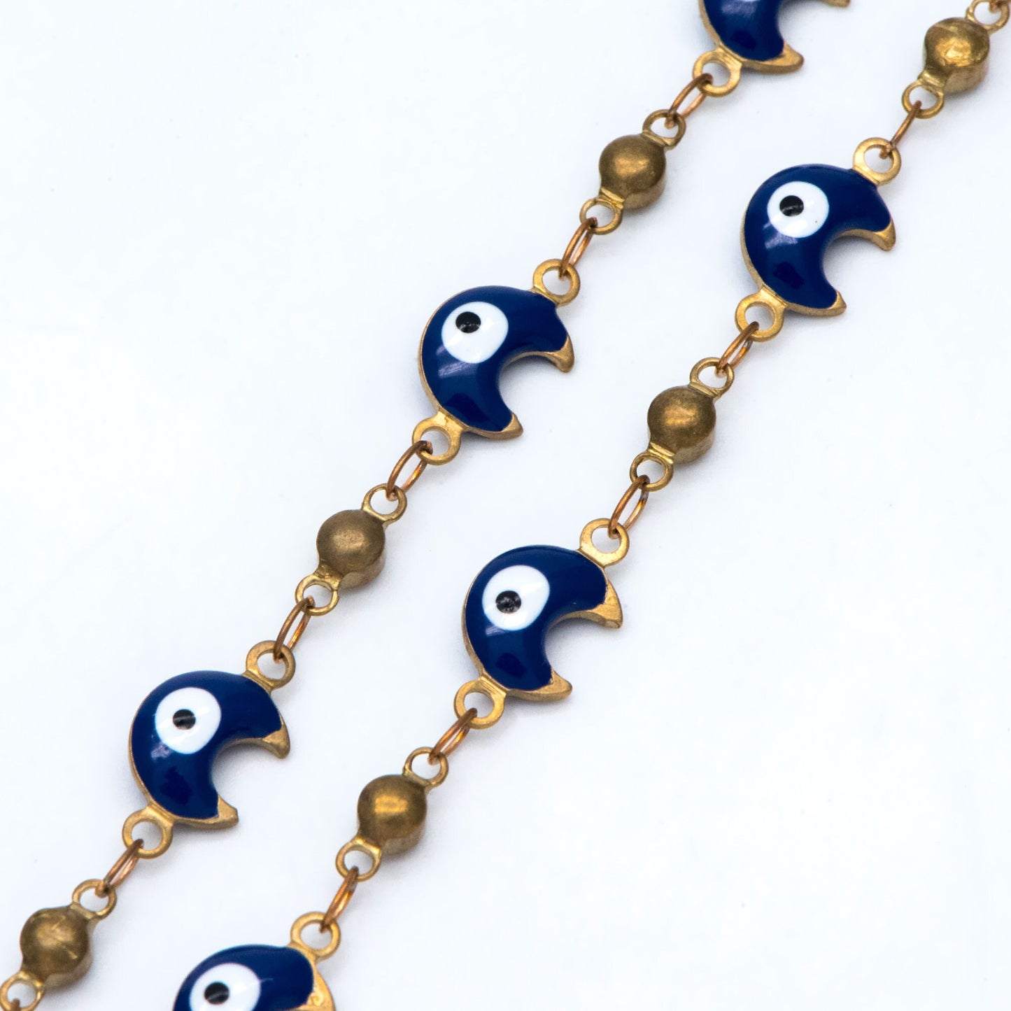 Moon Evil Eye Chain, Brass in Enamel, Beaded Chain, Unplated Raw Brass Designer Chain (#LK-514)/ 1 Meter=3.3 ft