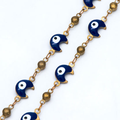 Moon Evil Eye Chain, Brass in Enamel, Beaded Chain, Unplated Raw Brass Designer Chain (#LK-514)/ 1 Meter=3.3 ft