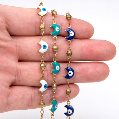 Moon Evil Eye Chain, Brass in Enamel, Beaded Chain, Unplated Raw Brass Designer Chain (#LK-514)/ 1 Meter=3.3 ft