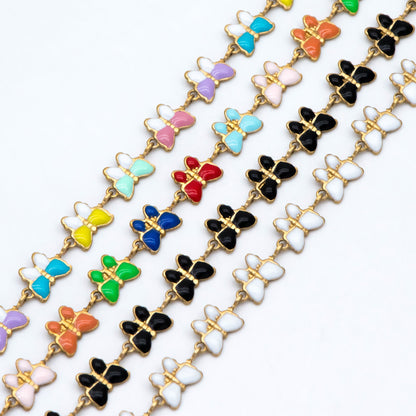 Raw Brass Chain, Multicolor butterfly Chain, Brass in Enamel, Unplated Raw Brass Designer Chain (#LK-515)/ 1 Meter=3.3ft