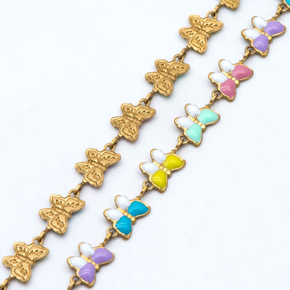 Raw Brass Chain, Multicolor butterfly Chain, Brass in Enamel, Unplated Raw Brass Designer Chain (#LK-515)/ 1 Meter=3.3ft