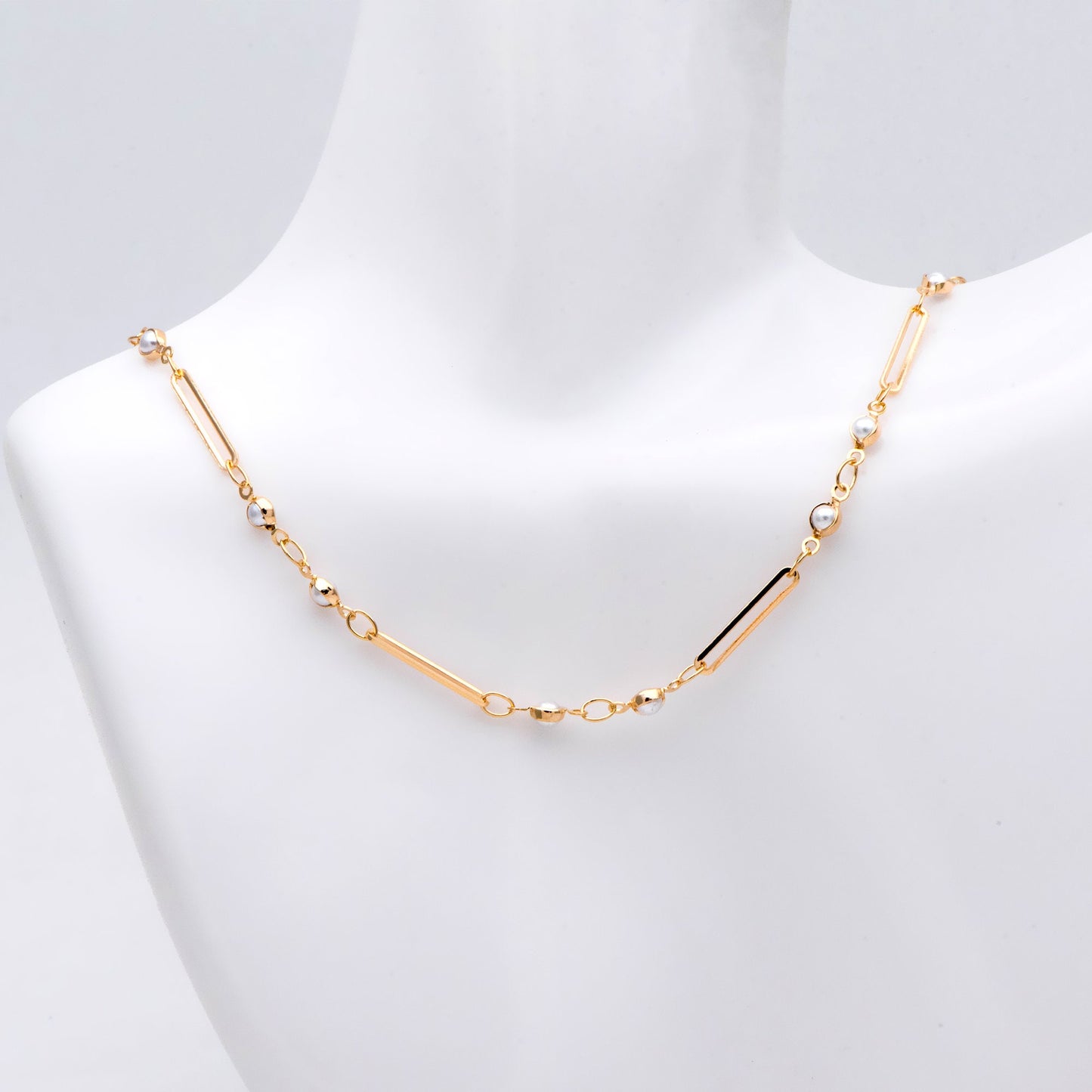 Gold Faux Pearl Designer Chain, 18K Gold plated Brass, Faux Pearl Bezel Connector and Oval Hoops Chain (LK-516) / 1 meter= 3.3ft