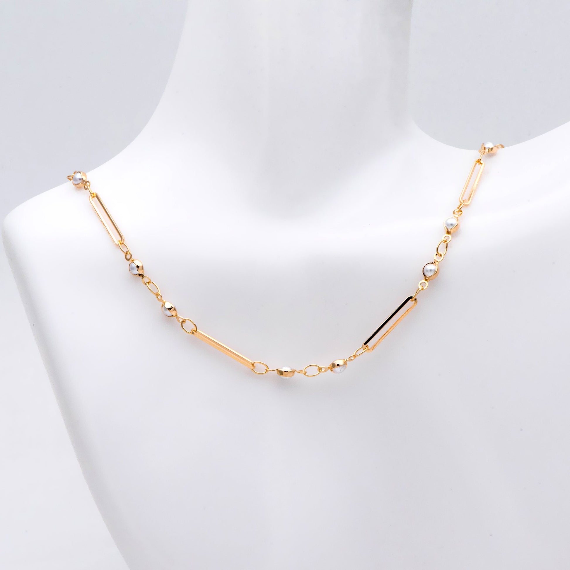 Gold Faux Pearl Designer Chain, 18K Gold plated Brass, Faux Pearl Bezel Connector and Oval Hoops Chain (LK-516) / 1 meter= 3.3ft