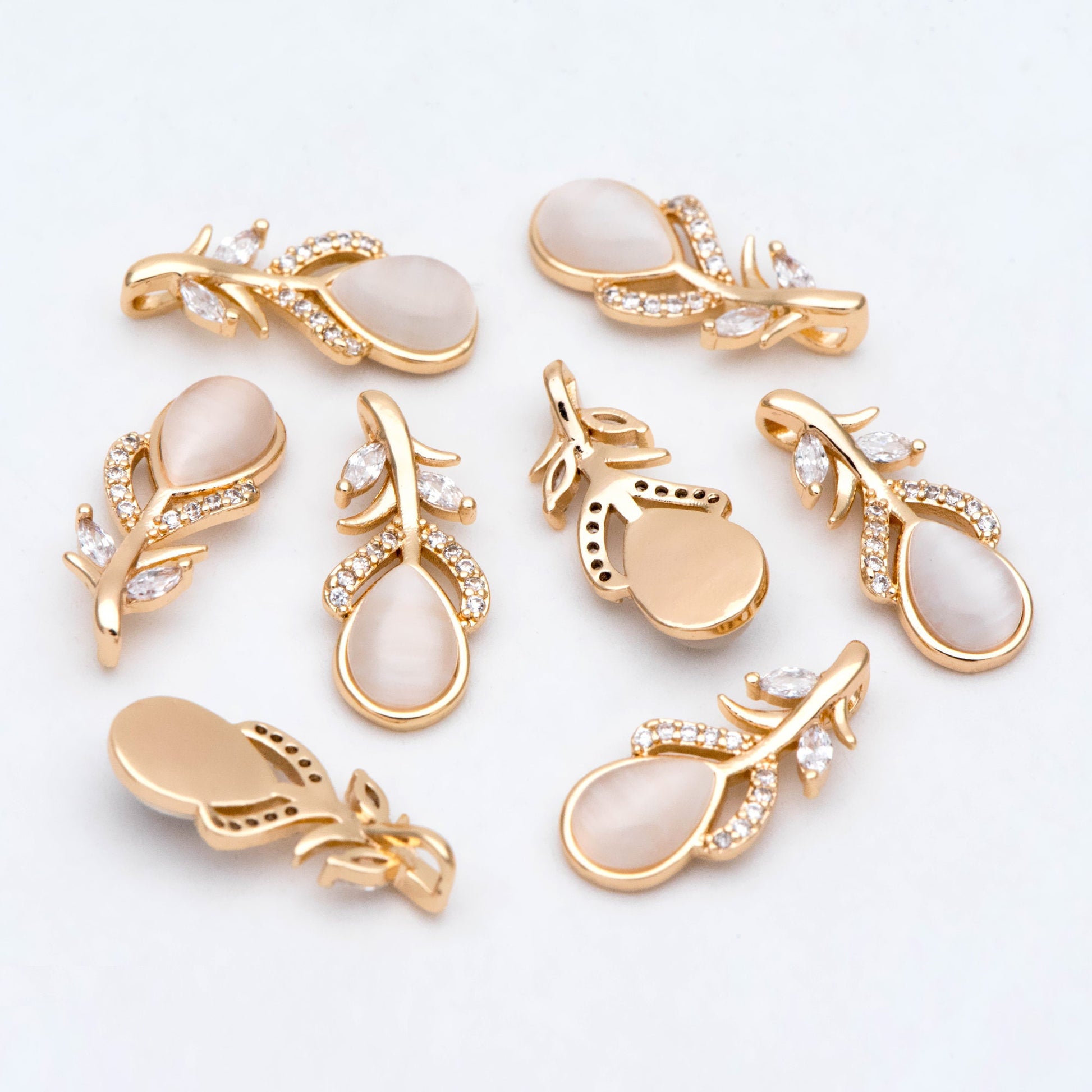 4pcs CZ Pave Cats-Eys Stone Feather Charms, Jewelry Making, Diy Material, Jewelry Supplies (GB-3343-B)
